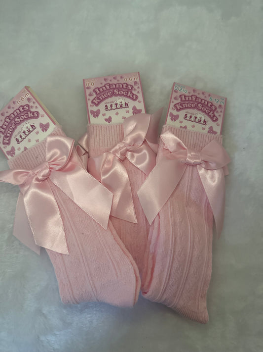 Pink heart knee high bow socks 0-6m